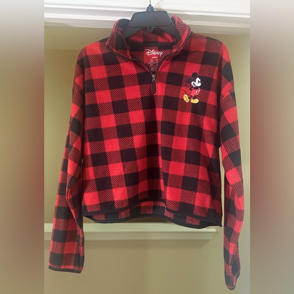Disney Sweaters - Women’s Disney Mickey Mouse Cropped Red Black Buffalo Plaid Fleece Embroidered L